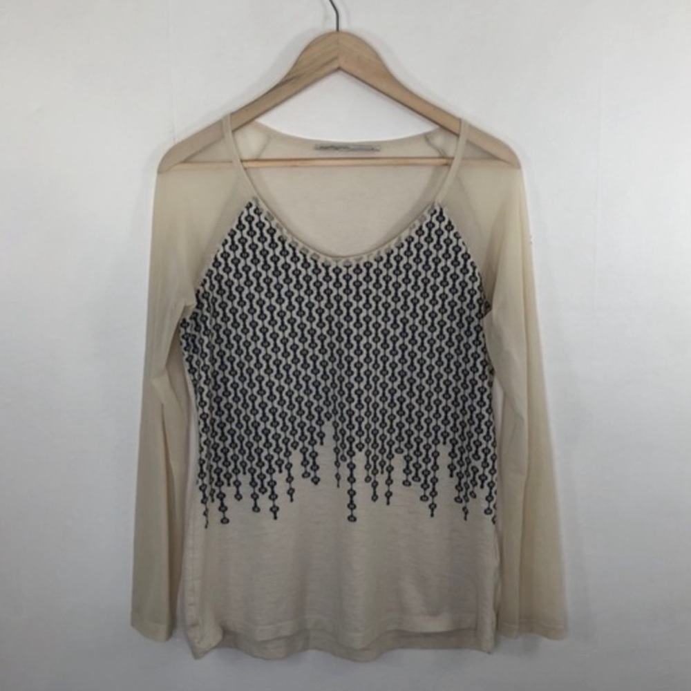 ANGELS NEVER DIE, Unique Sheer Arm Black Print Top, Medium, Small